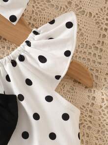 SHEIN Vintaside Kids 新生兒甜美可愛波點荷葉袖連身衣與髮帶套裝 夏季款 - 黑與白 - 查看 5