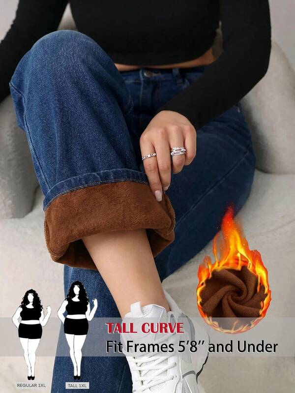 SHEIN Tall CURVE Plus Size Women's Pocket Thermal Lined Straight Leg Loose Casual Denim Jeans Office Wear For Women Back To School