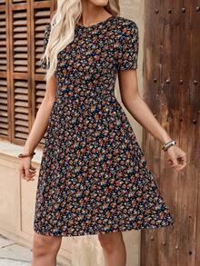 Rusticease Ladies' Summer Round Neck Floral Print A-Line Short Elegant Dress,Boho Clothes Women - Black - View 4