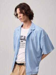 Men's Striped Minimalist Casual Long Sleeve Shirt - Blue - View 6