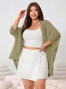 Solflare Plus Size Solid Color Batwing Sleeve Lightweight Jacket Fall - Army Green - View 5