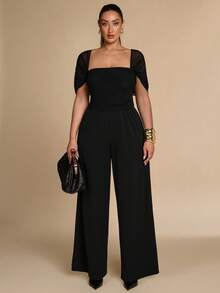 SHEIN BAE CURVE Plus Size Women's Black Lace Patchwork Long Sleeve Wide Leg Jumpsuit, Elegant Business Casual Dinner Cocktail Summer - Black - View 7