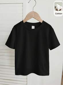 SHEIN Tween Girl Knitted Solid Color Crew Neck Fitted Casual T-Shirt - Black - View 7