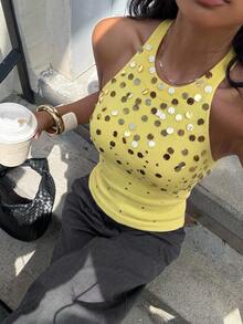 Siren Gaze Spaghetti Strap U-Shaped Backless Sequin Knit Top, Sequin Embroidered Camisole Top Night Party Yellow Autumn Sexy - Light Yellow - View 3
