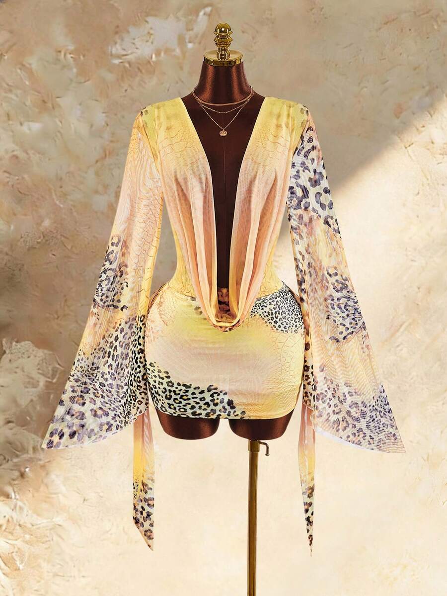 Amplova Women's Leopard Print Patchwork Sexy Date Mini Dress - Yellow - View 1
