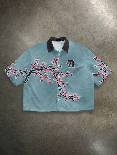 Manfinity ZONE917 Boxy Cropped Streetwear Distressed Faux-Snow Embroidery Cherry Blossom Pattern R-Logo All-Over Print Blue-Green Short Sleeve Shirt