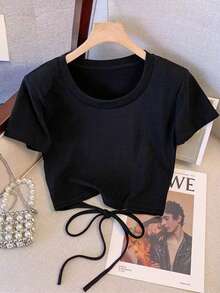 Franclia Matching Short Round Neck Raglan Sleeve Top + Straight Leg Pants With Slant Pockets - Black - View 4