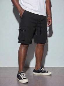 Plus Size Men's Casual Solid Color Drawstring Waist Cargo Shorts, Summer - Black - View 2