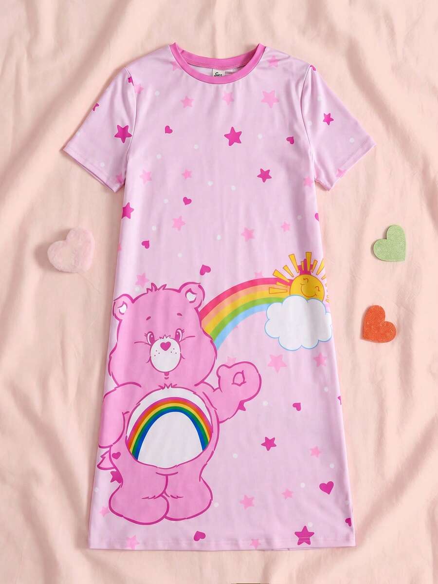 SHEIN X Care Bears 少女卡通印花短袖睡裙家居服 - 粉色 - 查看 1