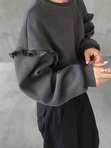 FRIFUL Sweatshirt Kasual Wanita Warna Polos Leher Bulat Patchwork Ruffle Bahu Jatuh Lengan Panjang untuk Liburan Musim Gugur Abu-abu Gelap - Grey - View 7