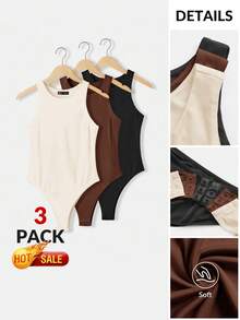 SHEIN BASICS 女款休閒基本款保守圓領無袖修身針織連身內衣 夏季日間辦公日常居家服 米色 深棕色 黑色 - 棕色 - 查看 10