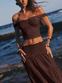Opulessa Spring/Summer Vacation Knit Dark Brown Print Off-Shoulder Slim Fit Top Low Waist Skirt Women 2 Pieces Set Boho Breezy European Beach Holiday - Brown - View 1