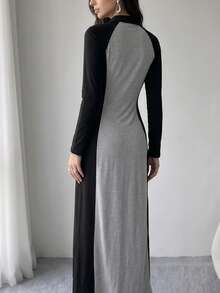 Solavon Women's Casual Modern Filipiniana Modest Long-Sleeve Knit Dress Black Grey Color-Block (34 Cotton) Formal Morning Night Office Fall - Multicolor - View 3