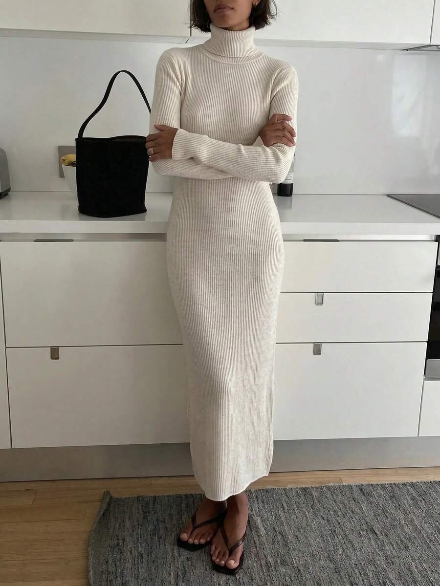 SHEIN Women Solid Color Ribbed Bodycan Sweater Dress - Grey - View 1