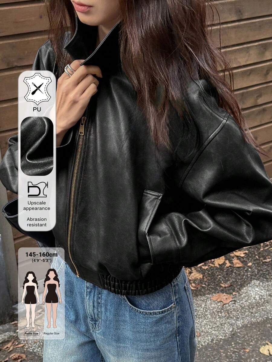 DAZY Women's PU Material Pocket Long Sleeve Fashion Versatile Jacket ,Petite Women School - Black - View 1