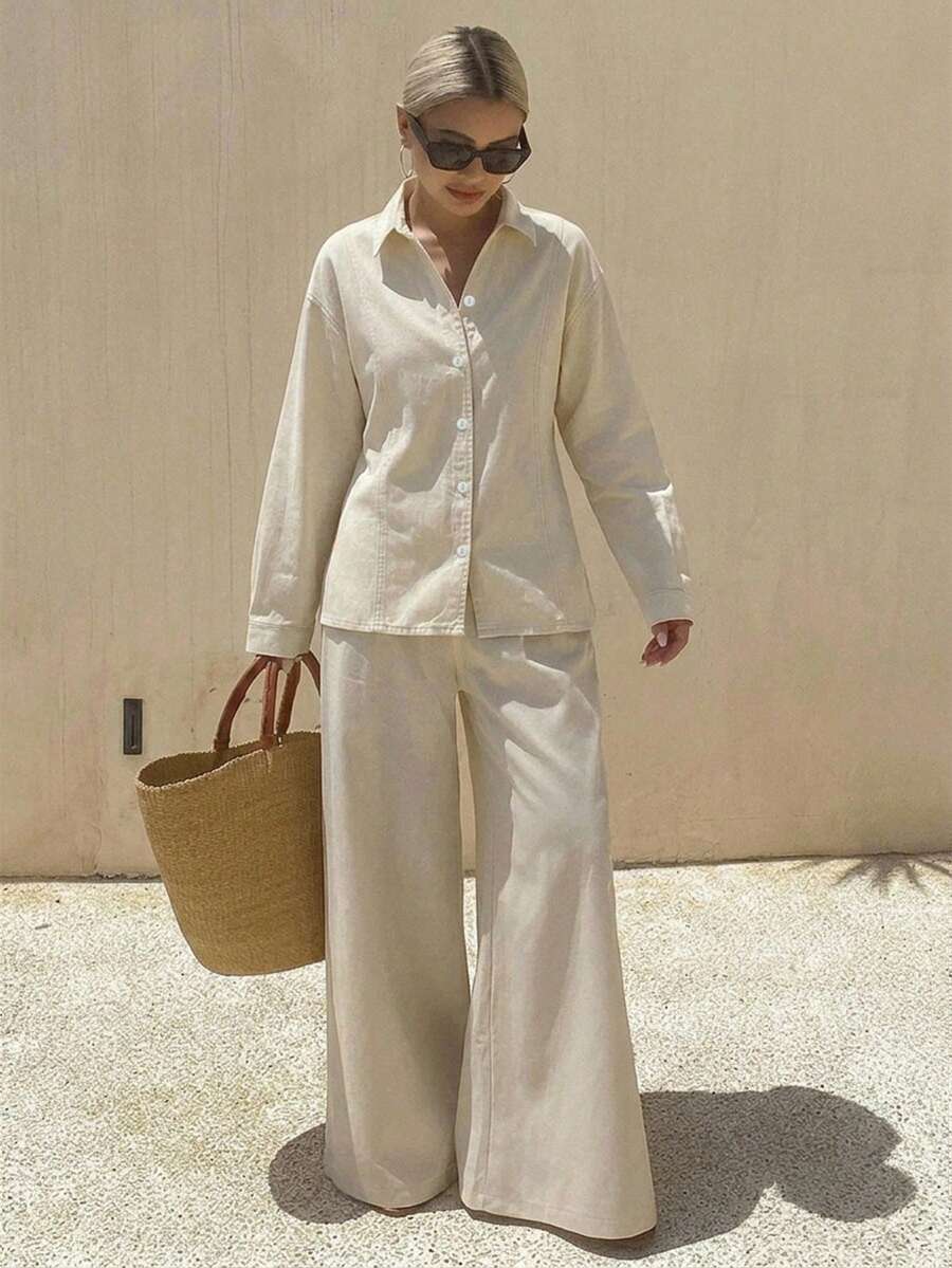 Livesso Conjunto casual de mujer de verano con camisa plisada de unicolor y pantalones holgados de pierna ancha - Beis - Ver 1