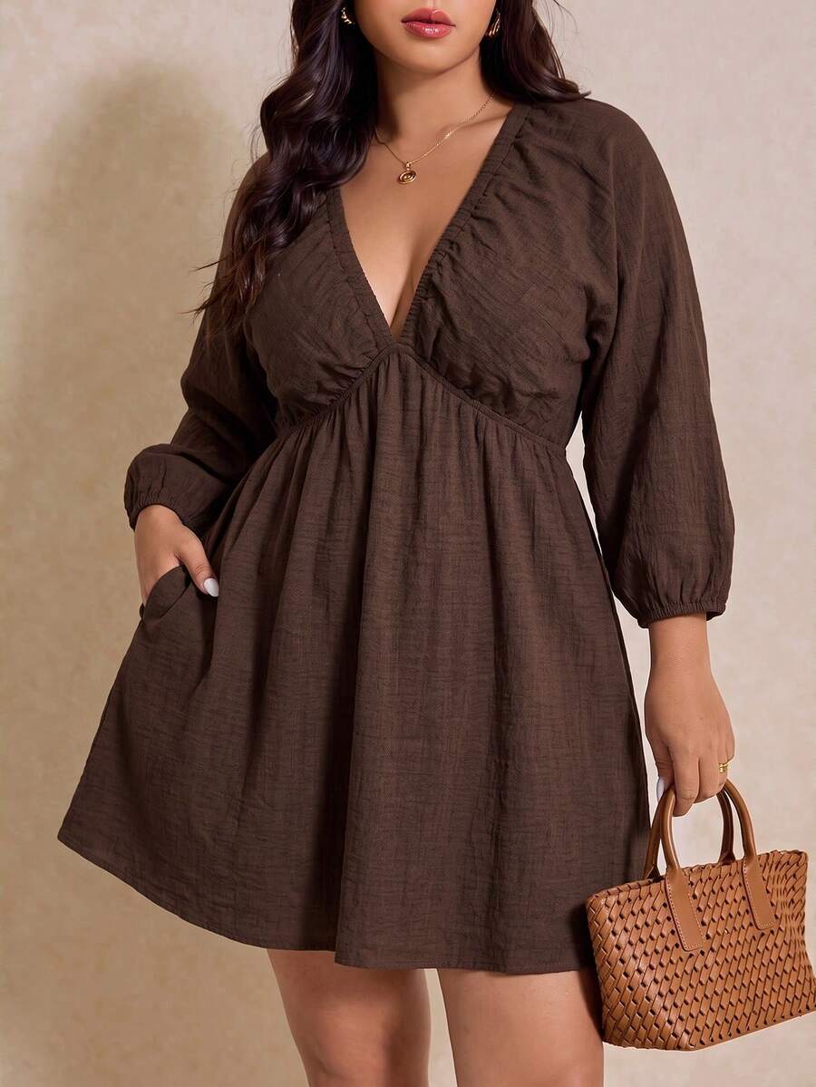 Elaquor Plus Size Women's Solid Color Deep V-Neck Lantern Sleeve Pocket Casual Dress - Chocolate Brown - View 1