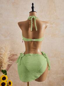 Bellisia 26SS Spring/Summer Vacation Apricot Vintage Square Neck Slimming Braided Rope Starfish Shell Halter One-Piece Swimsuit With Matching Skirt 2 Pieces Set - Green - View 2