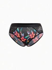 Slumbrini 大码女士花卉印花无钢圈柔软舒适文胸和内裤套装 - 黑色 - 查看 3