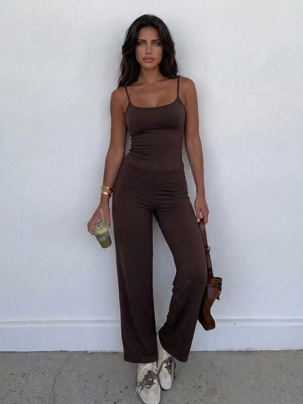 Pariaura Women's Camisole Top & High-Waist Tummy Control Pants Set/Wide Leg Pants/Fashion Sexy/Versatile/Comfortable