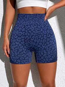 Slayform Slayform Women's Leopard Print High Waist Slim Fit Sports Shorts - Navy Blue - View 2