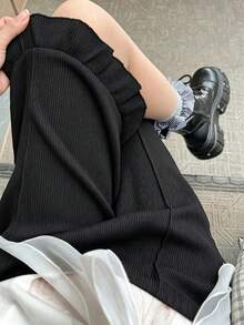 FRIFUL Women's Casual Textured Ruffle HemBermuda Shorts Summer - Black - View 1