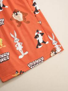 LOONEY TUNES X SHEIN 男士卡通印花圓領短袖上衣與短褲居家休閒套裝 - 紅白色 - 查看 6