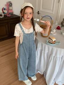 DAZY Young Girl Fashion Versatile Pocket Loose Wide Leg Denim Overalls Fall - Light Wash - View 6