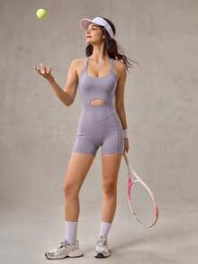 OutZeal Tuta sportiva intera da donna per palestra, allenamento e yoga, traspirante, con reggiseno integrato e nodo sulla schiena - Viola chiaro - Visualizzare 8