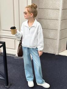 SHEIN 少女白色落肩拉链半开襟短款卫衣，适合秋冬季节日常休闲穿着。白色拉链卫衣 白色卫衣 拉链卫衣 白色卫衣 少女卫衣 秋季 - 白色 - 查看 12