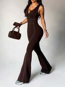 Slayform Slayform 1pc Women's Front Zipper V-Neck Striped Drawstring Waist Backless Sleeveless Gymnastics Dance Yoga Workout Jumpsuit Brown One Piece Set - Coffee Brown - View 7