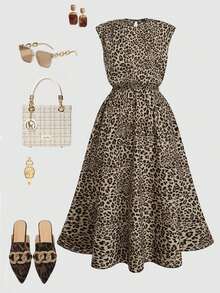 GlowEve CURVE Plus Size Women's Summer Classic Leopard Print Sleeveless Waist-Cinching A-Line Vintage Elegant Commuter Midi Dress - Rust Brown - View 3