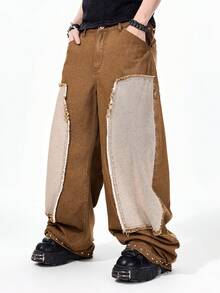 ROMWE MEN Street Life Men's Casual Fashion Street Style Distressed Patch Rivet Decor Loose Straight Leg Jeans - Brown - View 5
