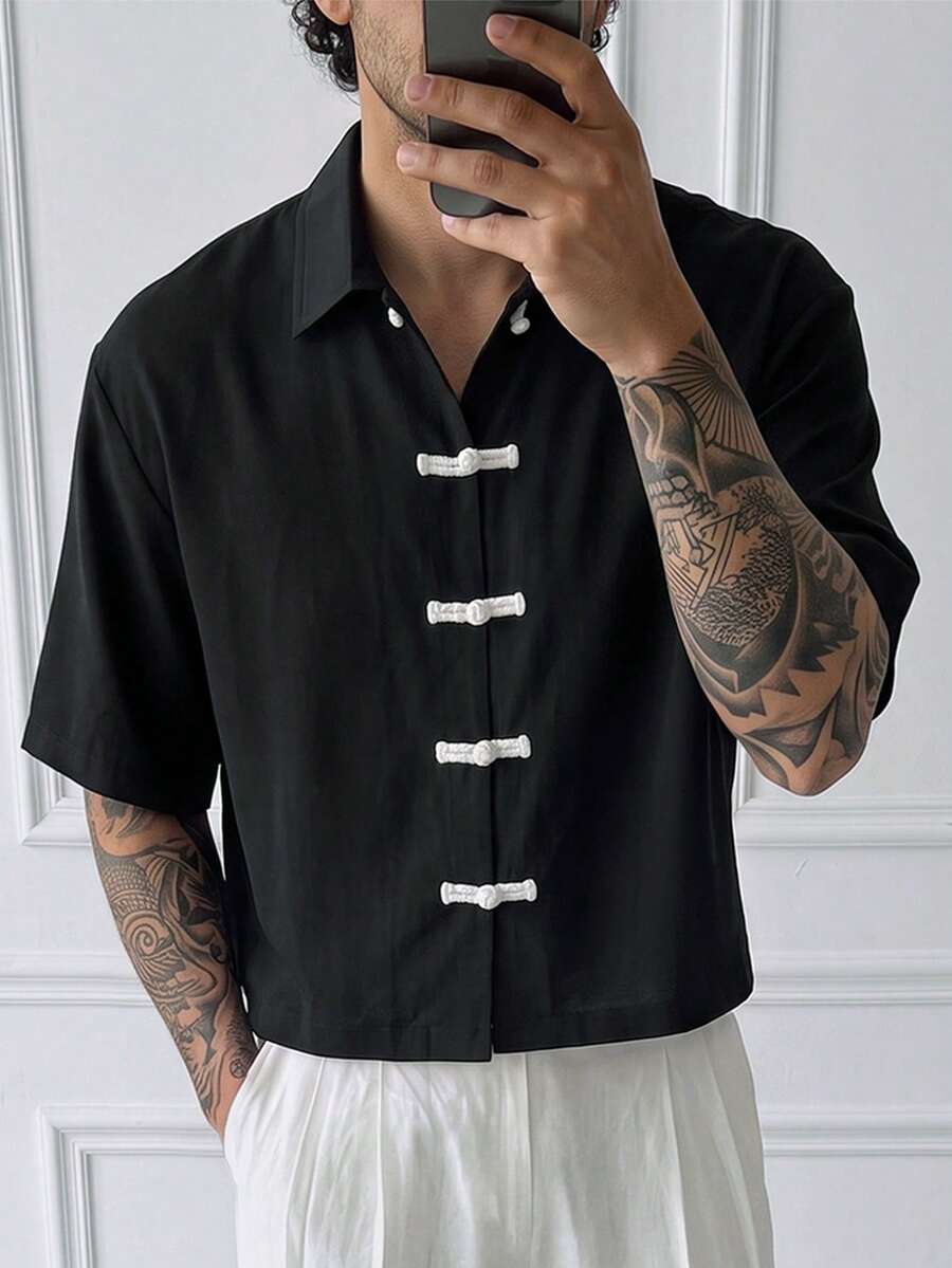 HUEFORM Men's Fashion Black Cropped Shirt Featuring A Chinese-Style Frog-Button Design Suitable For Those Who Need Help With Styling Or Outfit Coordination - Black - View 1