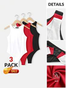 SHEIN BASICS 3件組/包 女款休閒素色圓領無袖貼身針織連身衣 夏季上衣 - 紅色 - 查看 10