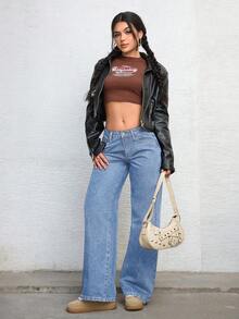 Jeanoix Celana Jeans Cowgirl Plus Size Wanita Model Y2K Denim Musim Panas Biru Tanpa Peregangan, Potongan Lebar - Light Wash - View 3