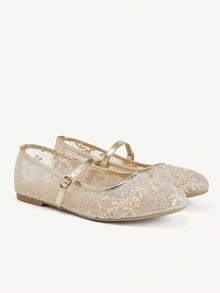 CUCCOO CHICEST 女款蕾絲網眼瑪麗珍鞋 夏季透氣扣帶平底鞋 日常通勤約會溫柔風鞋款 - 金色 - 查看 2
