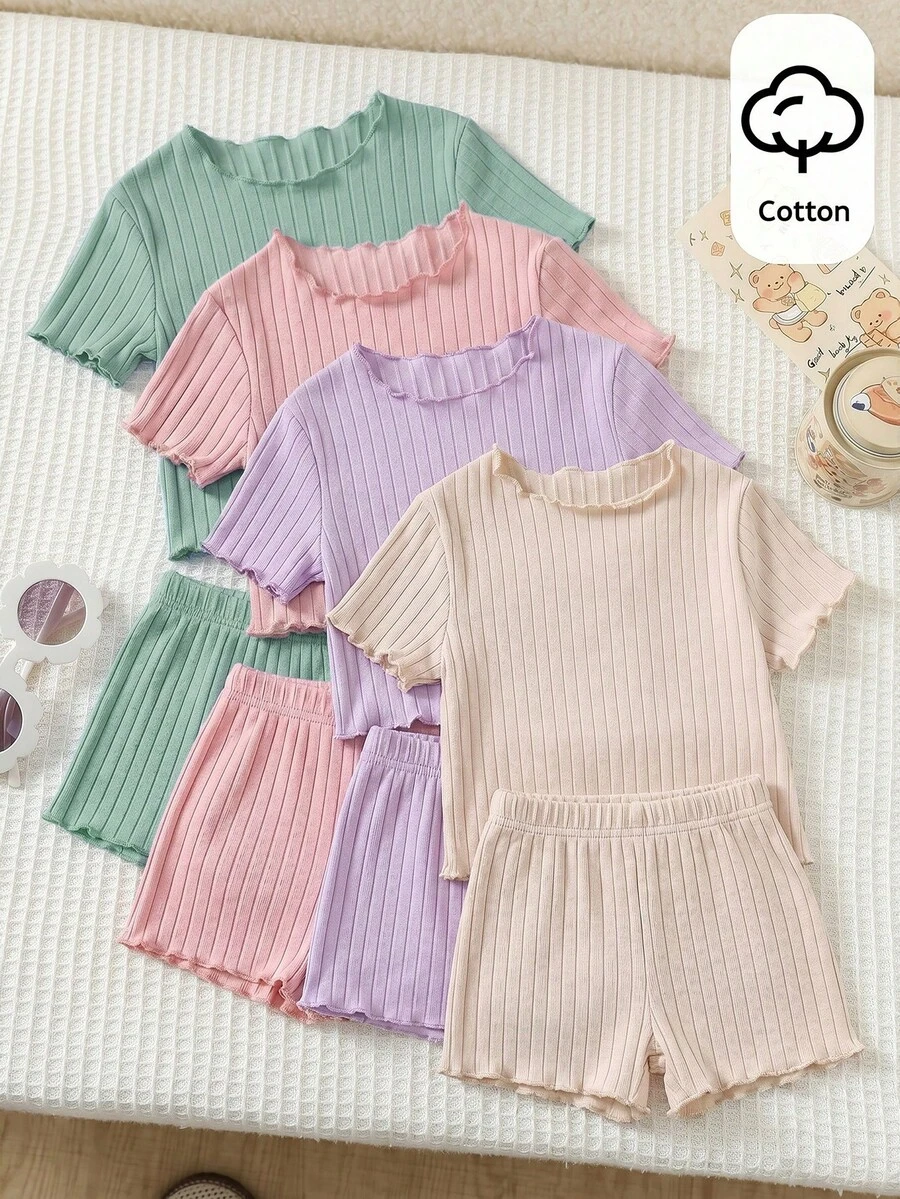 SHEIN 4件組少女夏季可愛羅紋純色荷葉邊短袖上衣,夏季上衣,復活節夏季背心上衣,內衣襯衫束腰可愛上衣,白色上衣,白色抹胸上衣 - 薄荷綠 - 查看 1