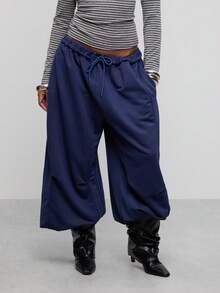 COUREZ Low Rise Oversized Casual Sweatpants With Knee Pleats, Y2K Comfy Pants For Women Navy Blue Bottoms Fall Autumn Going Out Airport - Blue - View 5