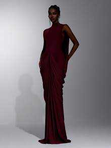 Elitara Elegant Queen Princess Stretch Fabric Round Neck Ruched Bodycon Back Slit Long Dress, Women's Party Wedding Guest Formal Evening Gown Burgundy Winter - Burgundy - View 4