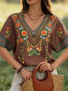 Zayélia 女款棕色花卉波希米亞刺繡上衣，復古V領蝙蝠袖寬鬆長版上衣，波西米亞風夏季休閒度假襯衫 - 棕色 - 查看 6