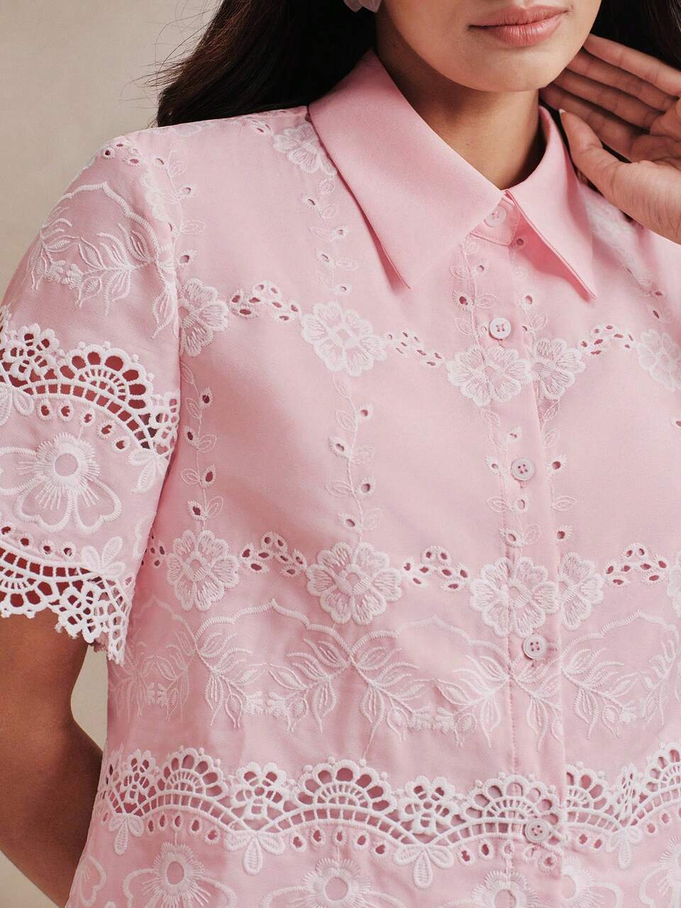 Anewsta Elegant Women's Vacation Style Heavy Embroidery Light Pink Polo Collar Cropped Shirt + High Waist Drape Straight Leg Pants 2 Pieces Set