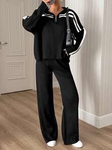 SHEIN Solid Ribbed Knit Contrast Stripe Quarter Zip Top & Wide Leg Pants Two Pieces Set - Black - View 7