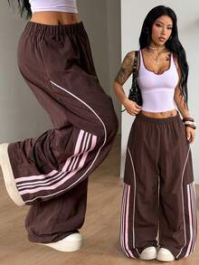 Coolane Pantalones de pierna ancha negros básicos para mujer, estilo streetwear vintage, para otoño/invierno, festival, salir, regreso a casa y uso diario - Marrón - Ver 1