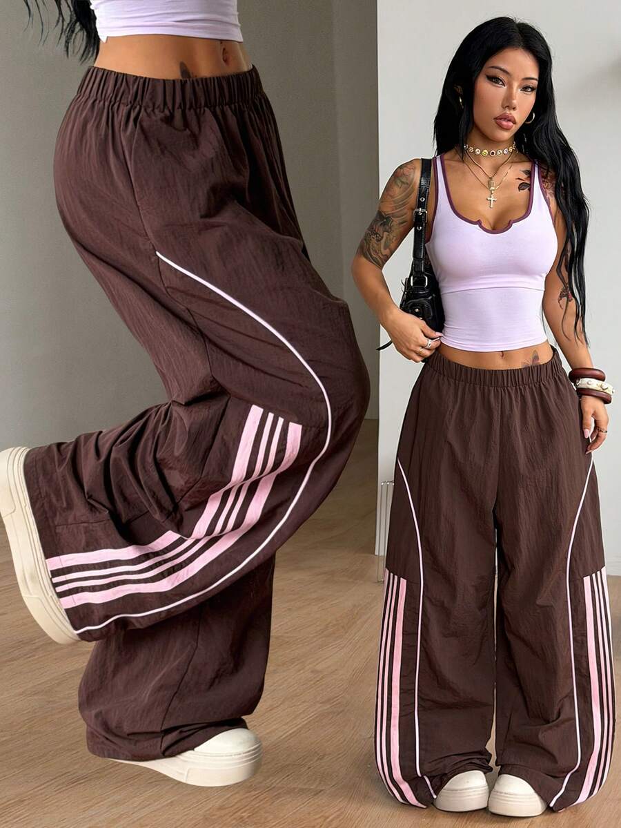 Coolane Pantalones de pierna ancha negros básicos para mujer, estilo streetwear vintage, para otoño/invierno, festival, salir, regreso a casa y uso diario - Marrón - Ver 1