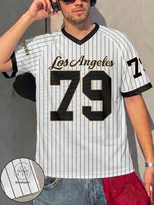 Manfinity Gritte Field 男士 Los Angeles 79 號條紋網眼 V 領運動球衣，快乾透氣棒球短褲 - 彩色 - 查看 6