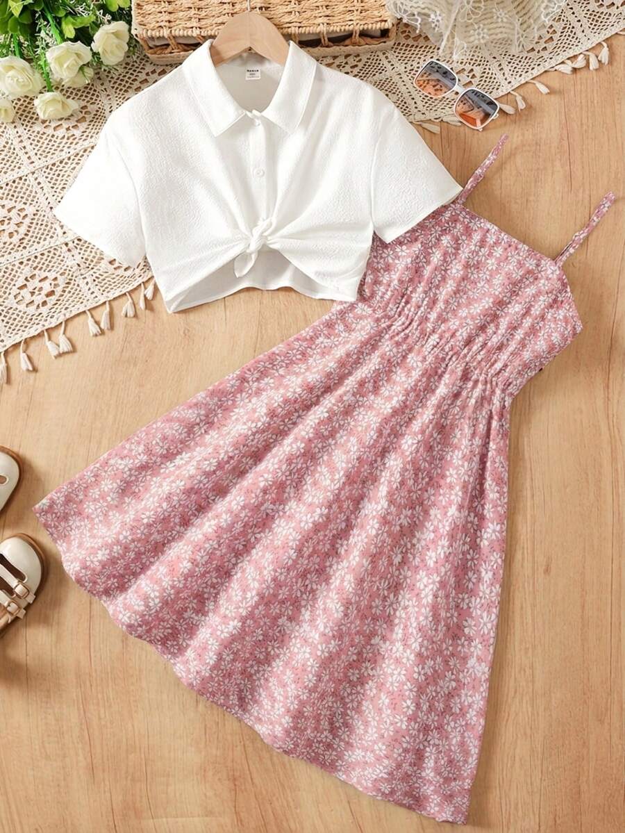 SHEIN 少女白色短袖衬衫和碎花吊带连衣裙两件套 - 粉色 - 查看 1