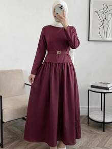 Solavon Women's Solid Color Pleated Casual Modest Elegant Party Everyday Bday Autumn Long Dress Dark Red - Burgundy - View 7