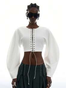 LYSMO Moletom Feminino Casual Sexy Techno Versátil para o Dia a Dia com Design de Cadarço, Cor Sólida, Roupa de Outono para Sair, Noite e Balada, Branco e Marrom Escuro - Branco - Visão 6