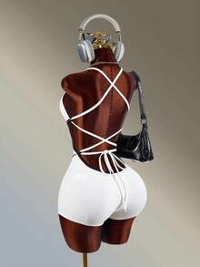 Amplova Women's Colorblock Cutout Sexy Athletic Romper Jumpsuit Workout Gym Fitness White And Black Backless Fashion Casual Sport Wear - White - View 9